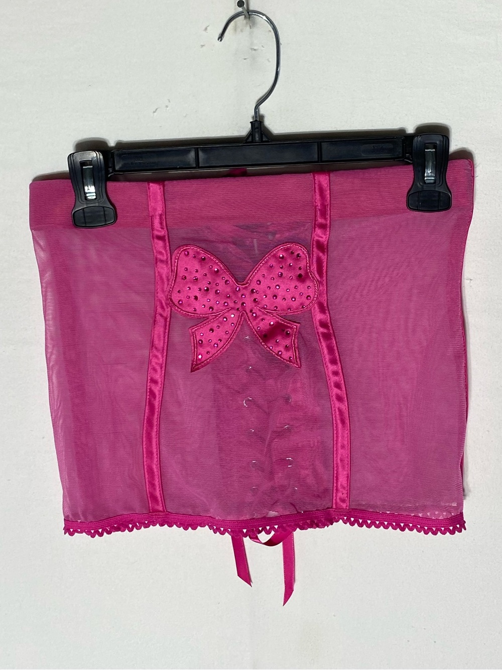 Vintage Y2K Shirley of Hollywood Hot Pink Mesh Corset Top Rhinestone Bow M